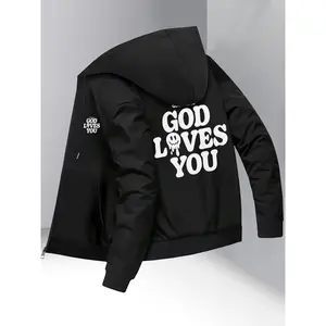 Bmuvlss Men's Hooded Jacket - Full-Zip Closure, GOD LOVES YOU Print, Front Pocket, Slim Fit Zip-Up Coat for Fall/Winter, Casual Outerwear (Machine Washable), Zip Up Hoodie, Winter Clothing, Trendy Printed Design, Smooth Texture Fabric