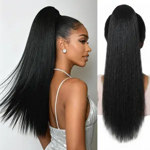 Yaki Straight Ponytail Extension for Black Women,26 Inch Synthetic Wrap-Around Clip-In Ponytail with , Looking for Easy Daily Wear ( Black)