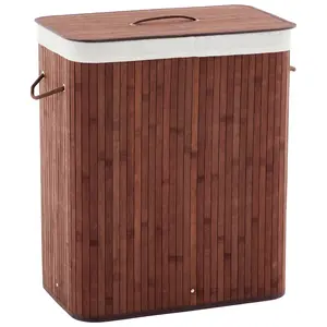 Slim Bamboo Laundry Hamper with Lid, 27.5 Gallon Wooden Clothes Basket with Removable Washable Liner, Decorative Storage Bin for Bedroom Apartment Dorm, Brown & Natural