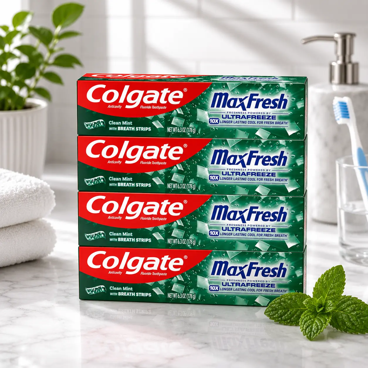 Colgate MaxFresh Fluoride Toothpaste, Clean Mint, 4 Pack, 6.3 oz | Fresh Breath Toothpaste with Mini Breath Strips, Bulk Size, Fluoride Formulated