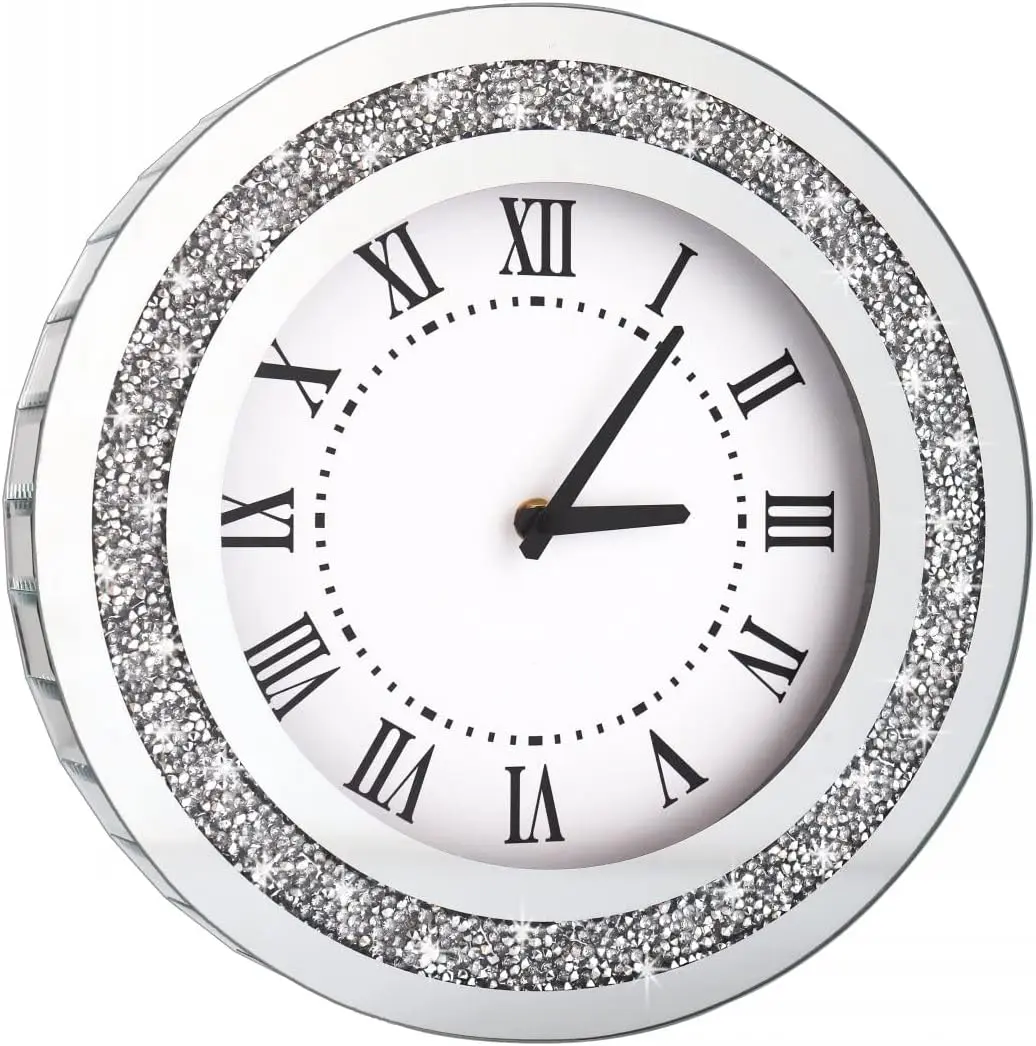 Silver Round Mirror ,12inch Crystal Sparkle Twinkle Bling Crush Diamond Mirrored Wall Clock for Wall Decoration Silver Glass Mirror Home Decor Metal Room