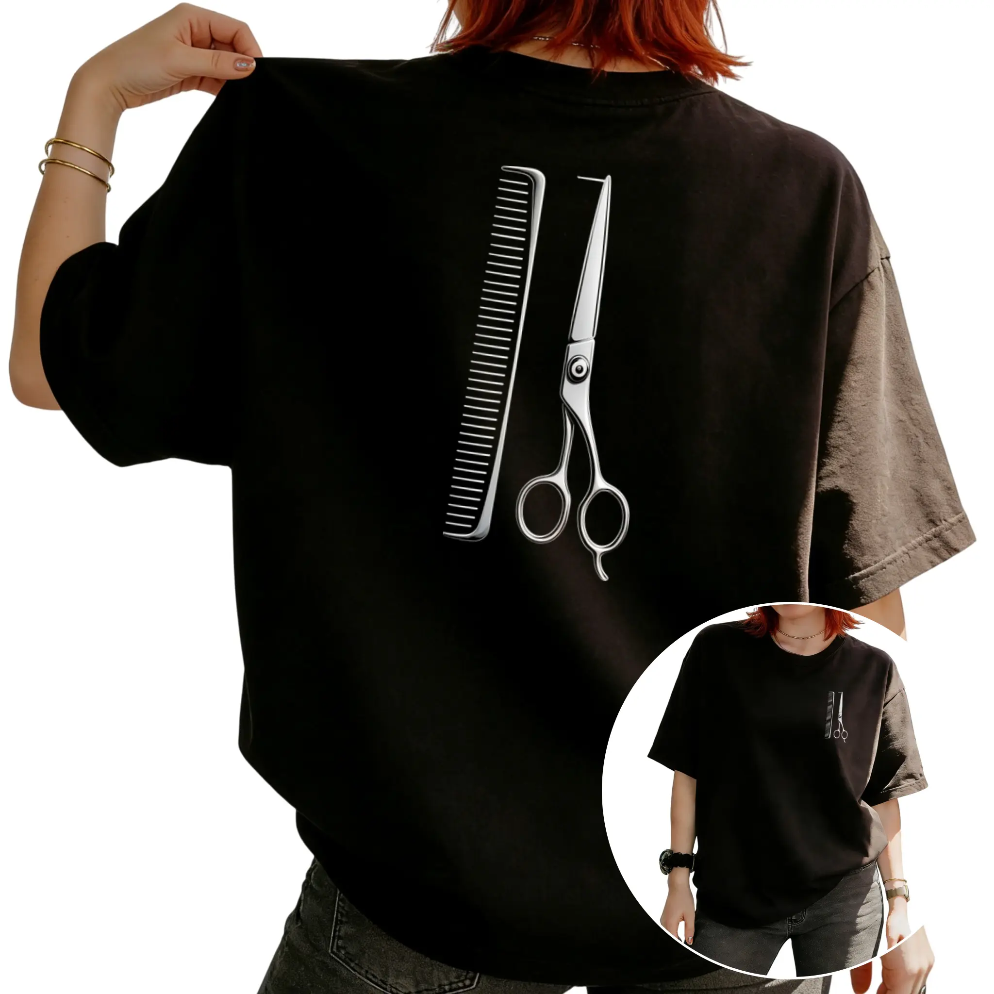 Women's Barber Scissors & Comb Graphic T-Shirt - Pure Round Neck Short Sleeve Tee with Barber Print, Casual Summer Beachwear, Suitable for Daily Wear, Vacation Outfits, Gift for Hairdressers & Barber Lovers