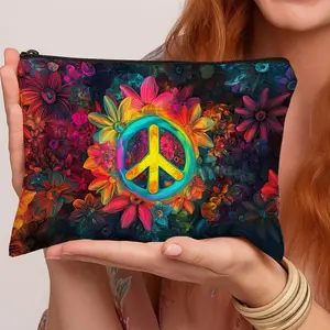 1pc Hippie Retro Colorful  Makeup Bag -  Peace Floral Illustration Zippered Multifunctional Travel Toiletry Organizer with Floral Design, Portable Cosmetic Pouch for Women & Men, Ideal for Business, Daily Use, Travel Makeup Bag