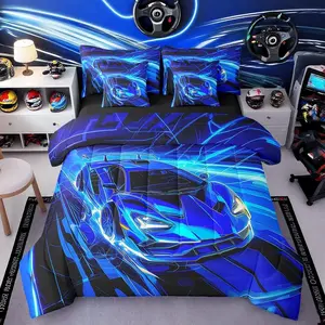 Blue Race Car Comforter Set with Sheets 7 Pieces Extreme Sports Theme Bedding Set for Boys Men Adults Teens Cool Speed Gaming Bed in a Bag Room Decor