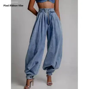 Elegant Women's High Waist Ruched Balloon Jeans Loose Wide Leg Jeans with Zipper Front and Adjustable Cuffed Ankles Y2K Style Loose Fit Suitable for All Seasons