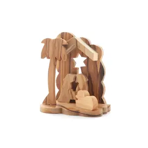 Olive Wood Nativity Scene_ Holy Family in Clouded Grotto Ornament