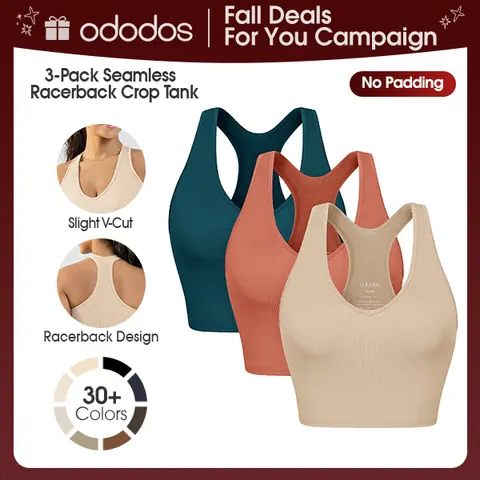 ODODOS Women's 3-Pack Seamless Racerback Strap Cropped Tank Tops - Soft Ribbed Knitting Fabric, Scoop Neck, Sleeveless, No Padding, Twist Design, Lightweight, Form-Hugging Basic Chic Top for Workout & Casual Wear