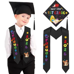 2 Pcs 2026 Preschool Kindergarten Graduation Cap Stole Set Unisex Printed Graduation Sash Hat with Tassel Graduation Gifts