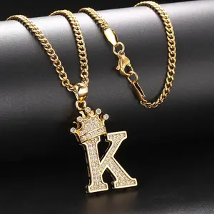 [Golden Crown Pendant] 18K Golden Plated Stainless Steel Crown Pendant Necklace |   Men's Retro & Hip-Hop Style Jewelry with Sparkling Cubic Synthetic Zirconia Letter K - Suitable for Daily Wear, Parties, Year-Round Elegance initial figaro chain,summervib
