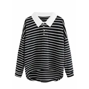 LilyCoco Women Long Sleeve Polo Striped Sweatshirt Black Size Small