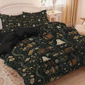3pcs Vintage Ghost Bookshelf Vine Floral Pattern Duvet Cover Set, Includes 1 Duvet Cover & 2 Pillowcases, Excludes Duvet and Pillow Inserts, Soft Comfortable, Suitable for Bedrooms, Hotels, School Dormitories, Bedroom Bedding Set