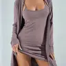 Women's Elegant Minimalist Loose Fit Knit Cami Dress Set, Long Sleeve Soft Comfortable Ribbed Fabric Nightwear Loungewear & Sleepwear for Home Use, Perfect for Everyday Wear