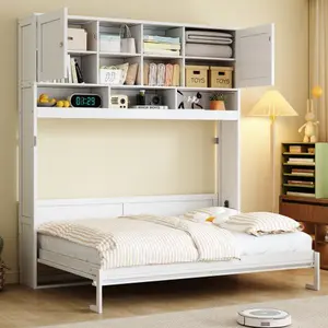 Queen Size Wall Murphy Bed with Ample Storage Space and Chevron Stripes, Foldable Wall Bed Space Saving Bed Frame for Bedroom Study Guest Room(White )