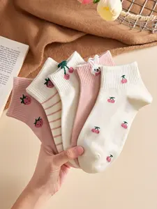 Women's Short Socks Set (5 Pairs), Cherry Strawberry Rabbit Pattern, Comfortable Breathable Casual Street Style Design, Soft Comfy Socks
