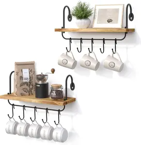Floating Wall Shelves for Kitchen Bathroom Coffee Nook with 10 Adjustable Hooks for Mugs Cooking Utensils or Towel Rustic Storage Shelves Set of 2/17x5.9 inch (Carbonized Black)