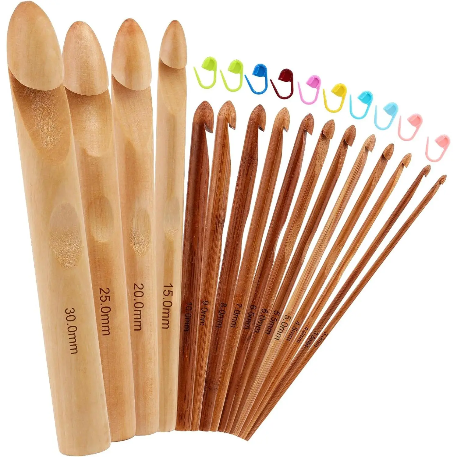 16 count Wooden Crochet Hooks, 3 to 30 mm in Diameters Handle Crochet Hook Knitting Crochet  with 10 count Knitting Stitch Markers for Handcraft Crocheting