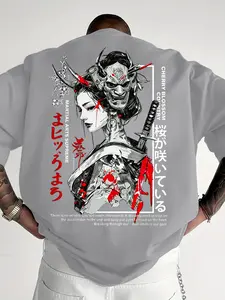 Men's Casual Short Sleeve T-Shirt, Sakura Samurai Geisha Print Cyberpunk Long Sleeves, Soft Breathable Summer Tee, Comfort Fit, Streetwear, Loose