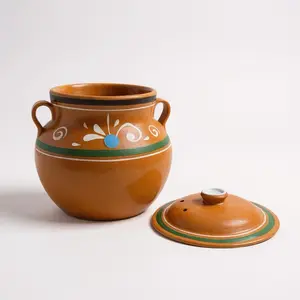 Food Safe Mexican Clay Bean Pot W/Lid, Olla De barro Frijolera Decorada Con Tapa, Cazuela Tradicional Large Cookware Traditional Classic, (1-1.25Gallon) (Olla Michoacan) (Made In Mexico)