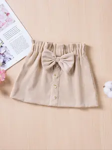 Toddler Girl's Solid Bow Decor Corduroy Skirt, Casual A Line Short Skirt for Spring & Fall, Kids Bottoms for Daily Wear, Plain Bottoms, Baby Girl Clothes