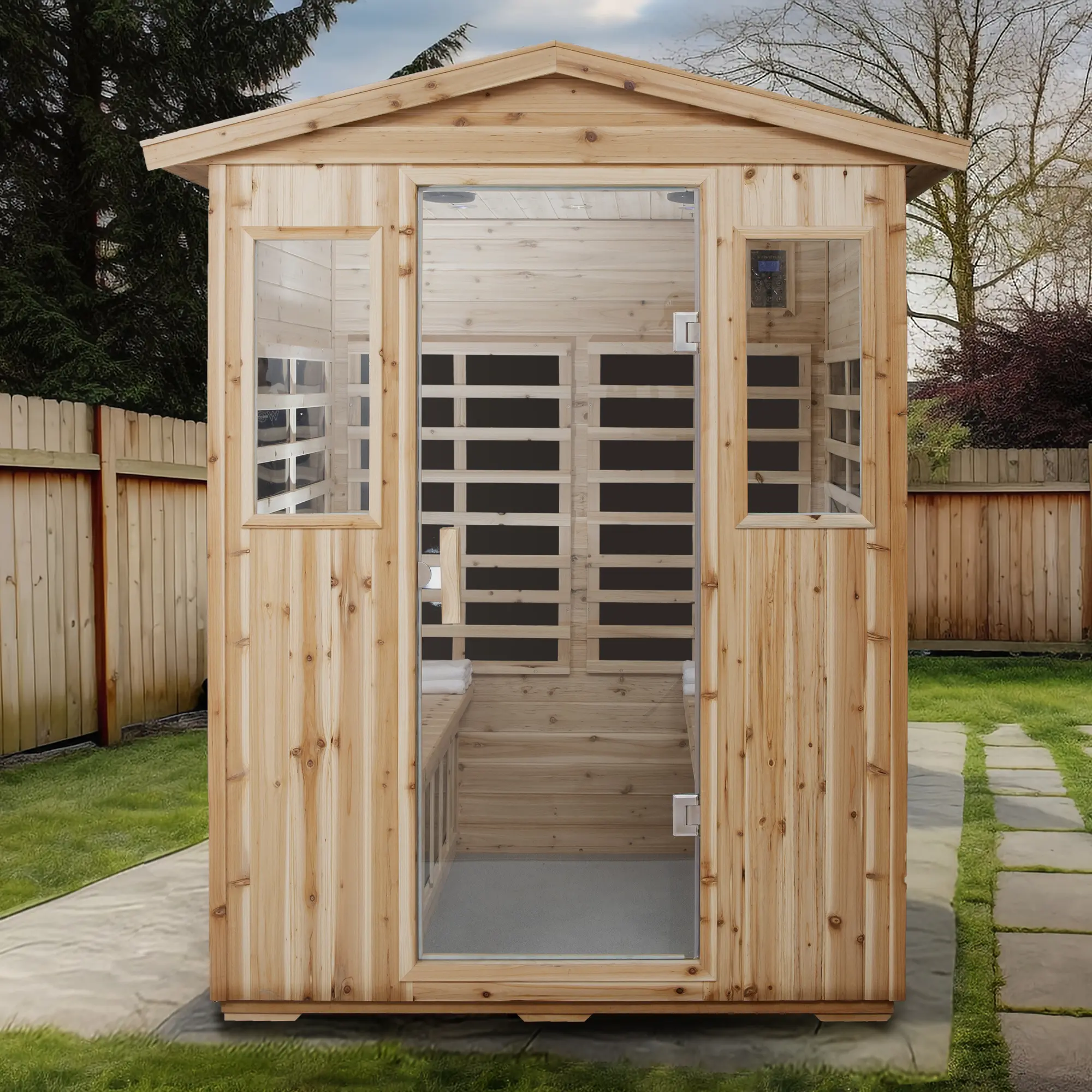 4-Person Outdoor Far-Infrared Home Spa Sauna Room, Solid Old Fir Wood, Tempered Glass Door, 8 Low-EMF Heating Panels, Bluetooth Speaker, Chromotherapy Ambient Lighting, 55.7" x 44.9" x 70.1", 120v, 3m Power Cable for Family Relaxation