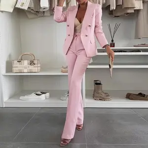 2026 Women's 2-piece Open Collar Double breasted Sports Jacket, paired with casual slim fit flared work pants for Valentine's Day, suitable for weddings and wedding guestsRAIMENTRY