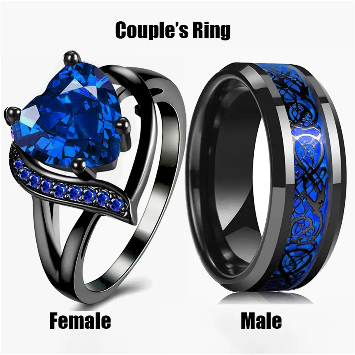 Fashion Couple Rings Romantic Women Heart Blue Rhinestones Zircon Ring Men Stainless Steel Celtic Dragon Wedding Jewelry Gift Daily Wear Matching Set Sophisticated Trendy Glamorous Versatile Stylish Style Modern