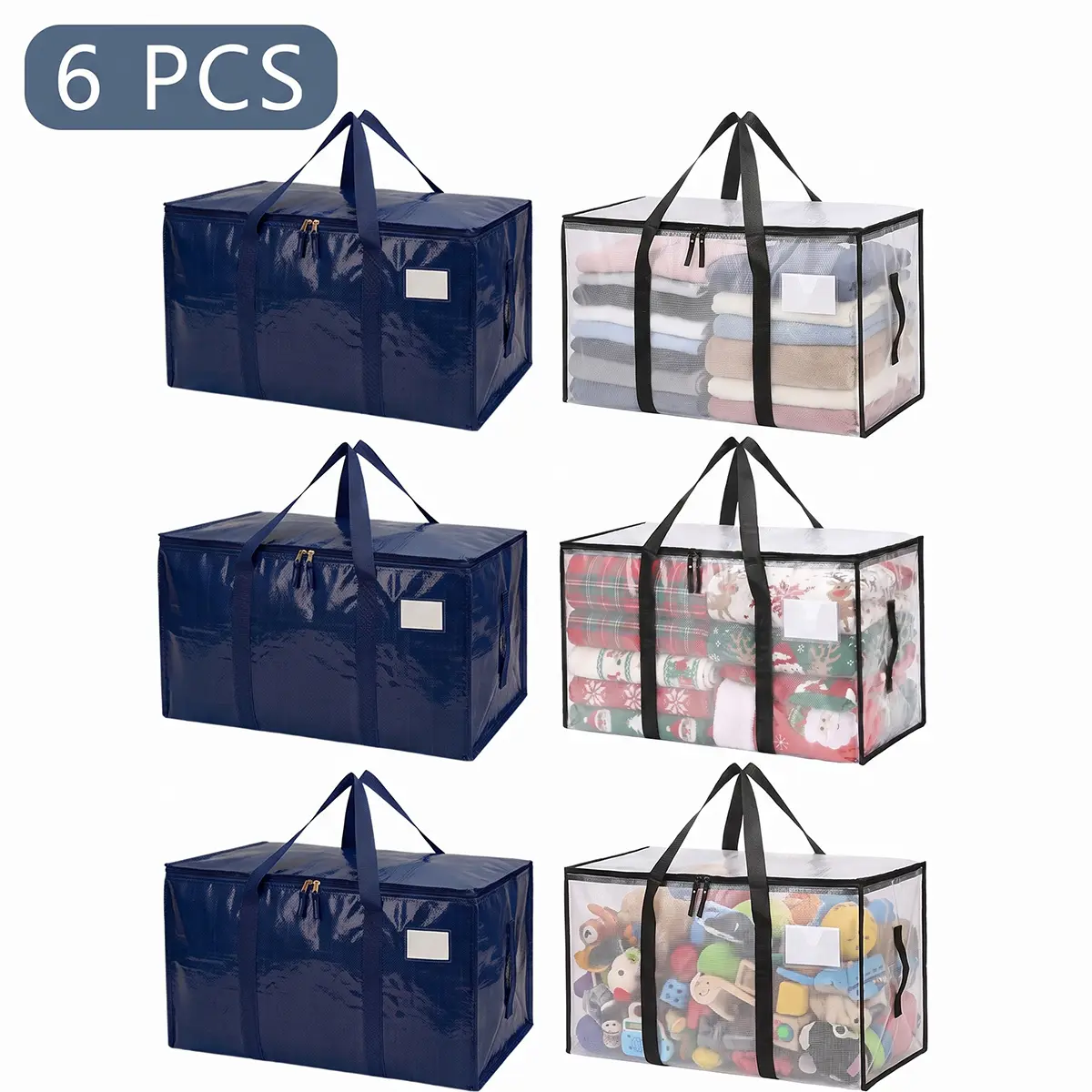 6-Pack Storage Bags, Moving Bag Heavy Duty Extra Large, Moving Totes with Zipper, Reinforced Handles & Tag Pocket, Bags for Packaging Moving