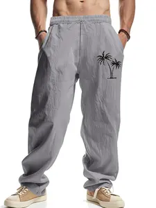 Men's Linen Breathable Loose Fit Casual Pants, European and American Style, Hawaiian Palm Tree Print, Summer Beachwear
