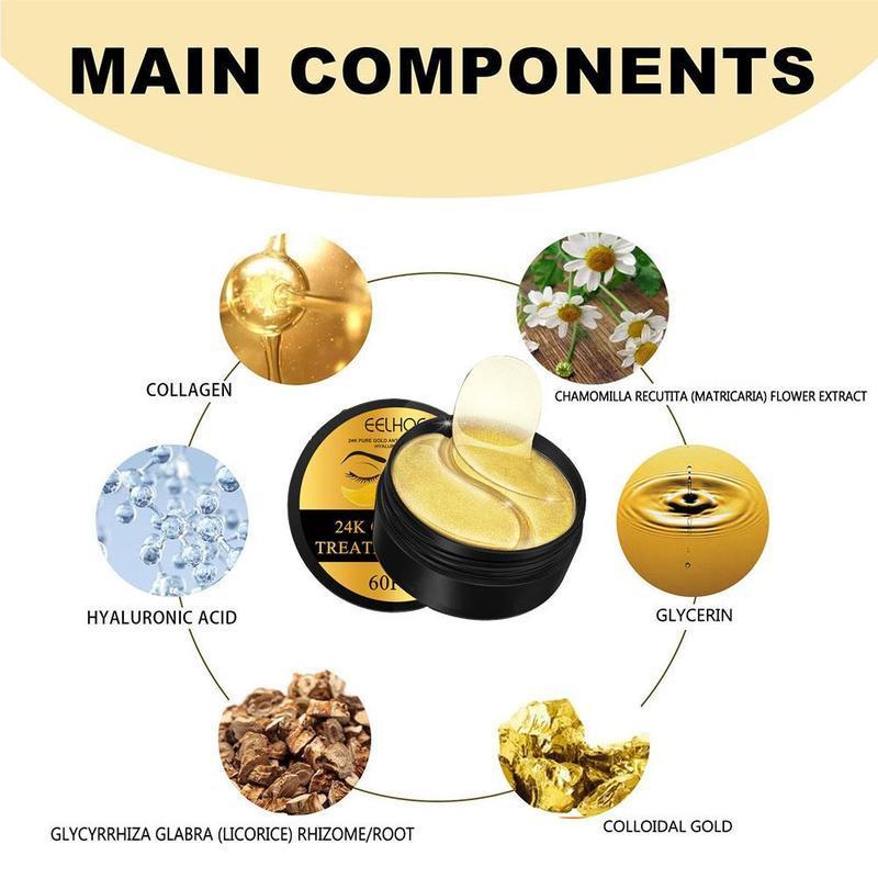 24K Gold Under Eye Mask - Collagen & Hyaluronic Acid Eye Patches for Dark Circles, Puffiness & Wrinkles - 60 Pcs Hydrating Under Eye Treatment - Self Care Skincare for Tired Eyes, Reduces Fine Lines & Brightens - Must-Have Eye Care Treatment for Women