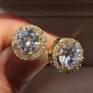 New 1 Karat Round Stud Earrings 18K Plated European & American Bright White Zircon Engagement Earrings 18K Stainless Steel Hoops