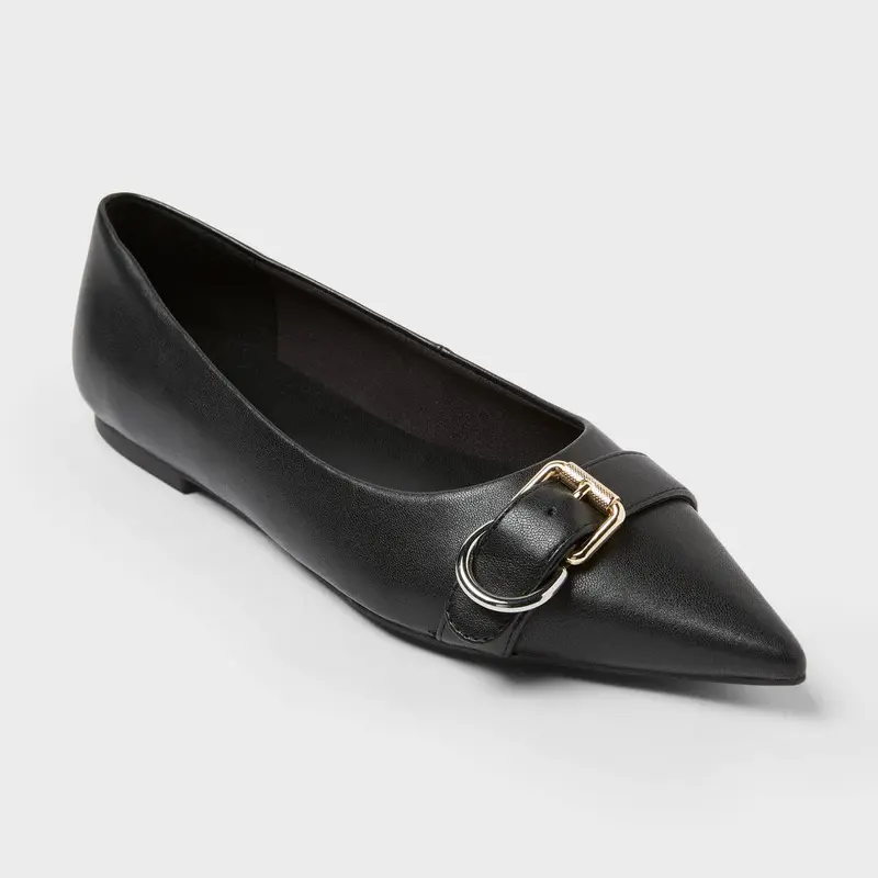 Women’s Valentina Pointed Toe Buckle Ballet Flats with Memory Foam Insole – A