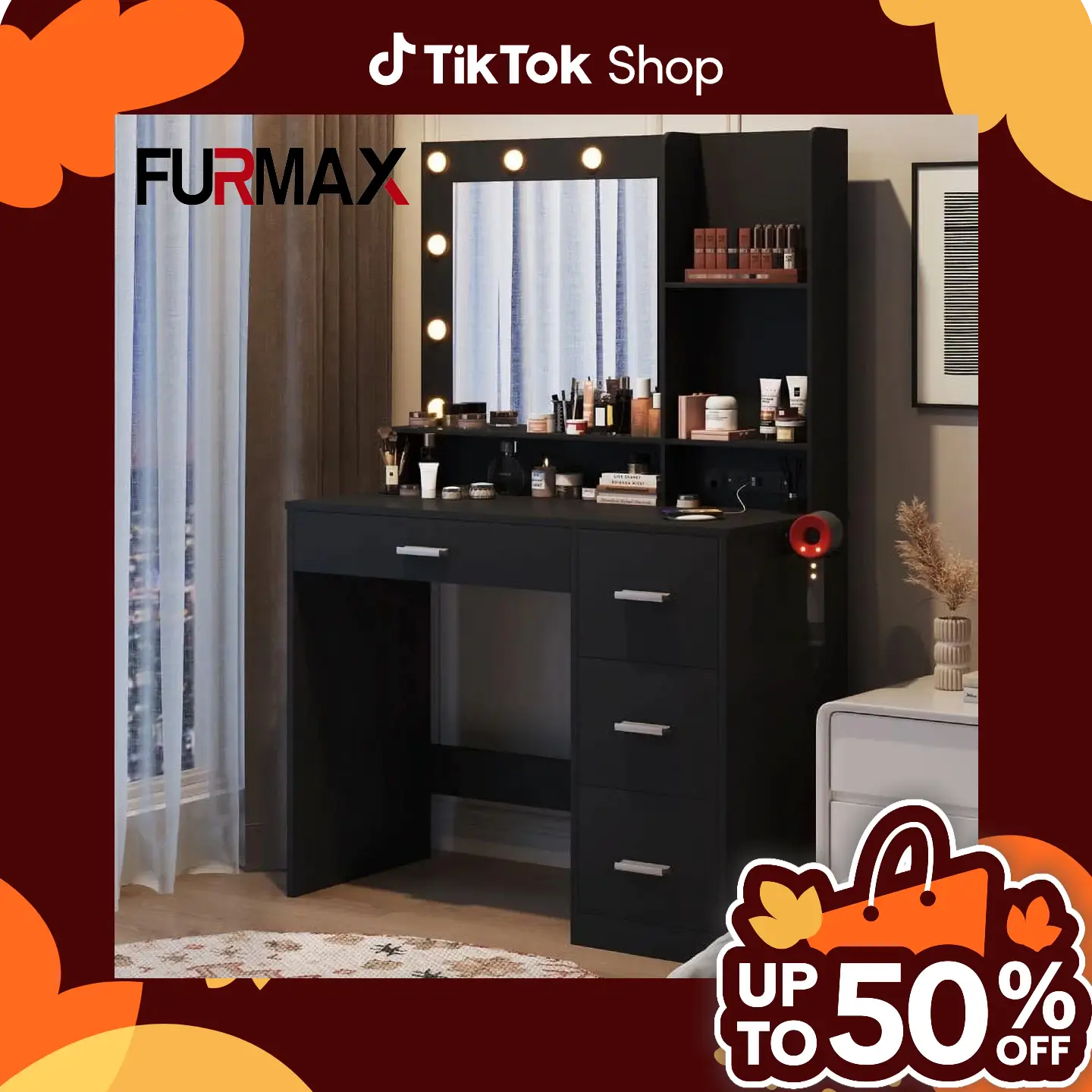 FURMAX Vanity Desk with Lights and Mirror Makeup Vanity Table Set with Drawer and Power Outlet
