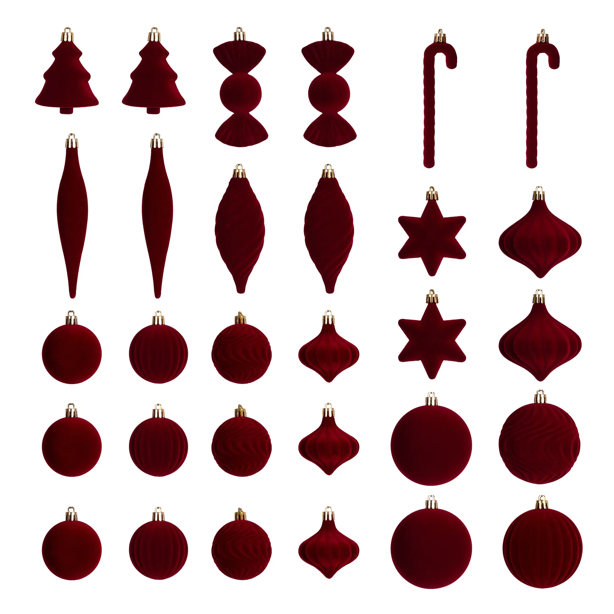 Senjie 30PCS Burgundy Velvet Christmas Ornaments Set, Assorted Shape Flocked Xmas Tree Decorations, Vintage Holiday Decor with Balls, Stars & Candy Canes