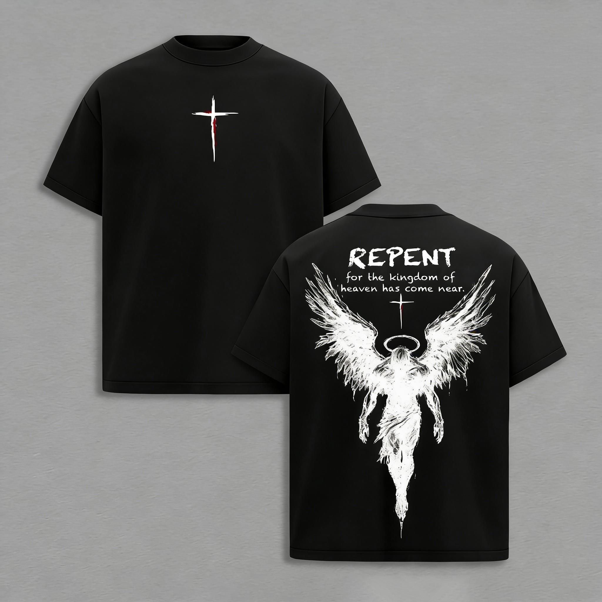 Repent Vintage Washed Oversized Christian T-Shirt, Angel Wings Faith Graphic Tee,“Kingdom of Heaven Has Come Near”Gospel Streetwear Top,Heavy Cotton Unisex Retro Worship Shirt