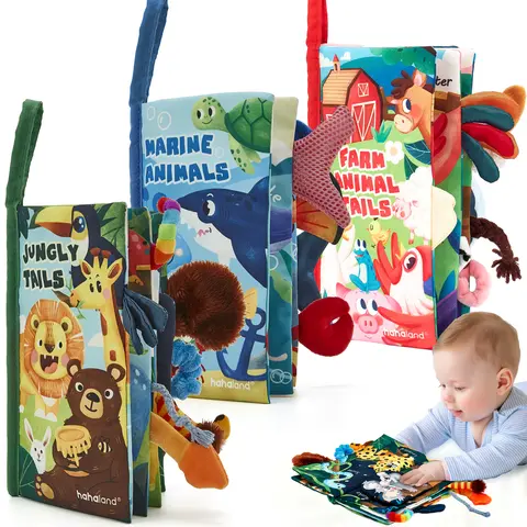 Hahaland Touch and Feel Cloth Books for Babies - Jungly/Farm/Ocean Themes with 3D Texture, 8 Ocean Tails, Mirror & Secure Hook, Tummy Time Sensory Learning Toys for 0-12 Month Infants, Baby Shower Gifts