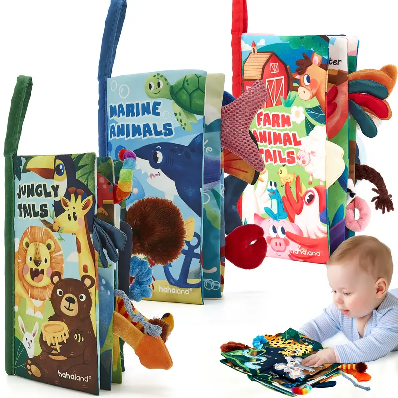 Hahaland Touch and Feel Cloth Books for Babies - Jungly/Farm/Ocean Themes with 3D Texture, 8 Ocean Tails, Mirror & Secure Hook, Tummy Time Sensory Learning Toys for 0-12 Month Infants, Baby Shower Gifts
