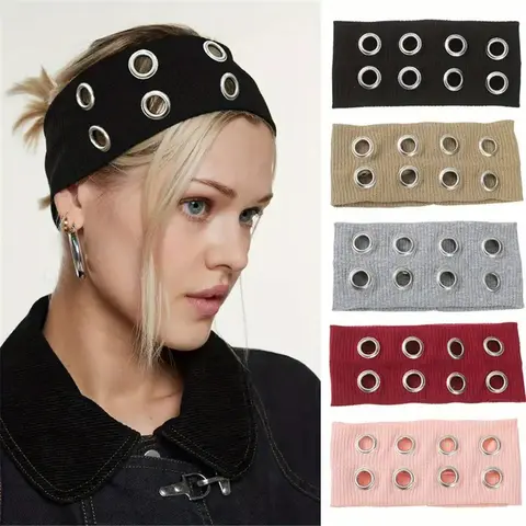 AWAYTR Women's 7.8 Inches Hollow Eyelets Wide Elastic Black Metal Hairband - Harajuku 2000s Punk Grunge Gothic Steampunk Headbands for Women, Assorted Colored Headbands for Birthday, Everyday Wear