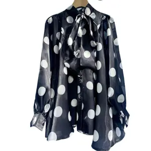 Polka Dot Tie Neck Chiffon Blouse - Elegant Women's Top with Stylish Polka Dot Design and Tie Neck Feature