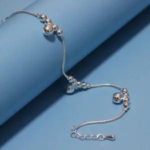 925 Sterling Silver 8-Inch Adjustable Vintage Chain Anklet With Shiny Bell Beads, Dual-Wear For Ankle Or Wrist, All-Season Gift