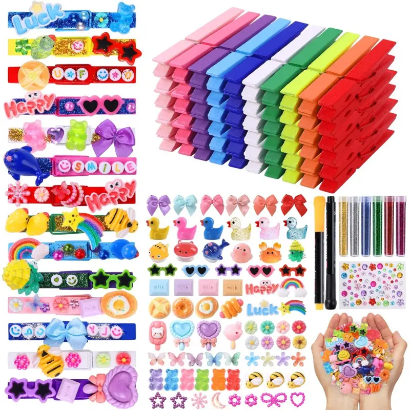 Back to School Kids Interactive DIY Kit - 80PCS Colored Wooden Cheer Spirit Pins Clips, 126 Mini Resin Animals, Bows, Daisies, Sticker Pen, 300 Beads Pearls for Backpacks, Ribbons, Classroom (Home Decor Photo Frame Supplies), Cheerleading, Girl, Attach To
