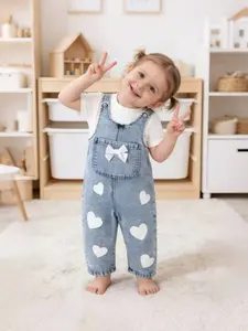 6 Months - 3 Years Infants Boys and Girls Spring and Autumn Light Blue Heart Bow Denim Overalls, Summer Style Overalls, Loose Straight-leg Soft Denim Trousers, Sweet and Lovely Daily Wear Clothes, Suitable for Daily Wearing and Park Playing