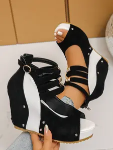 Women's Summer Wedge Heel Thick Sole Sandals, Fashion Elegant Sport Punk Rivet Three Straps Colorblock Chunky Heels, Party Holiday Shoes