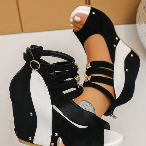 Women's Summer Wedge Heel Thick Rubber Sole Sandals, Fashionable Wedge Shoes, Fashion Elegant Sport Punk Rivet Three Straps Colorblock Chunky Heels, Party Holiday Shoes Strappy Party Shoes