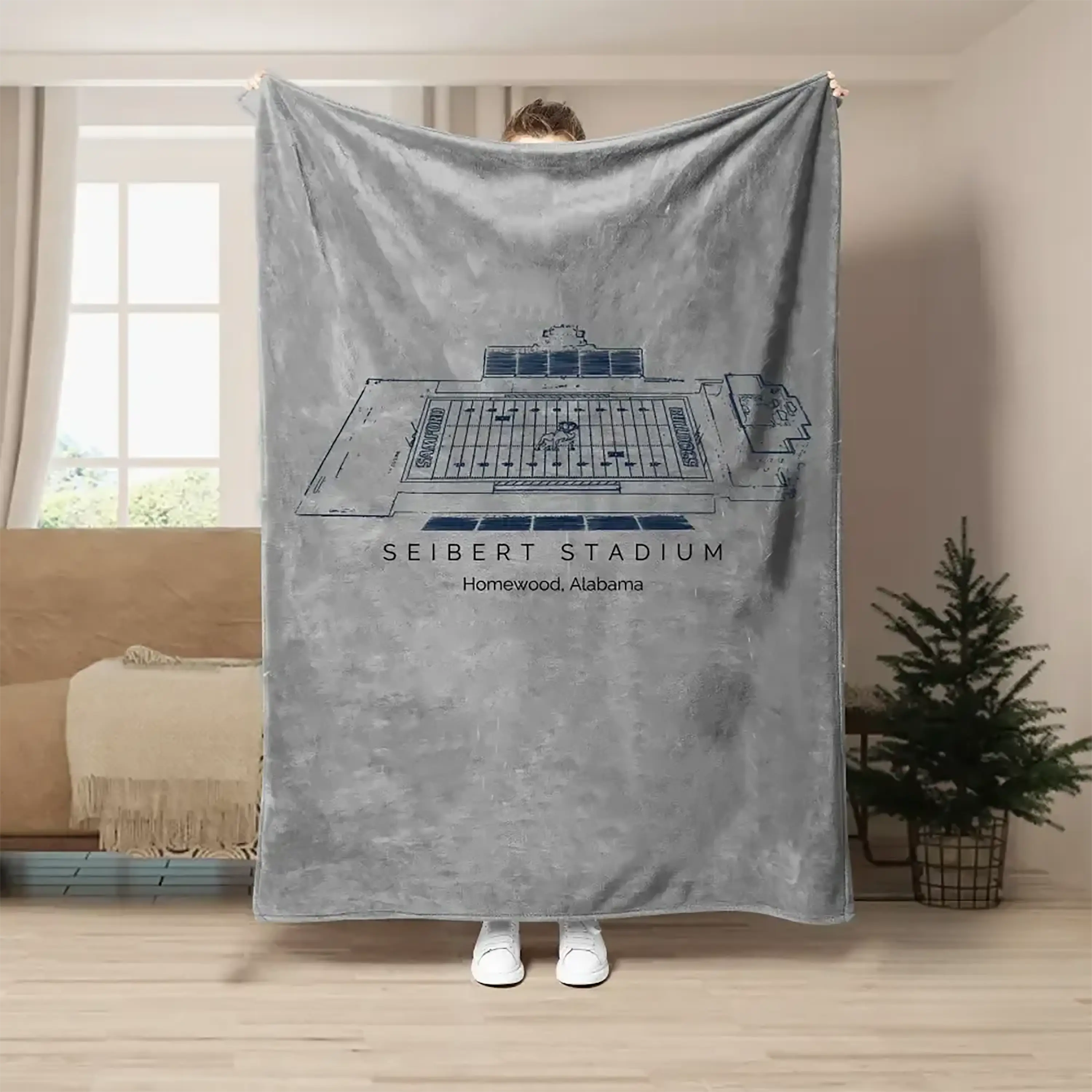 Seibert Stadium Flannel Blanket - Samford Bulldogs Football Throw - Samford University Fan Gift - Homewood Blueprint Decor