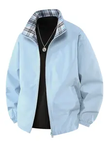 Men's Reversible Jacket, Casual Style, Plaid & Solid Design, Stand Collar Zipper, Spring Fall Fashion