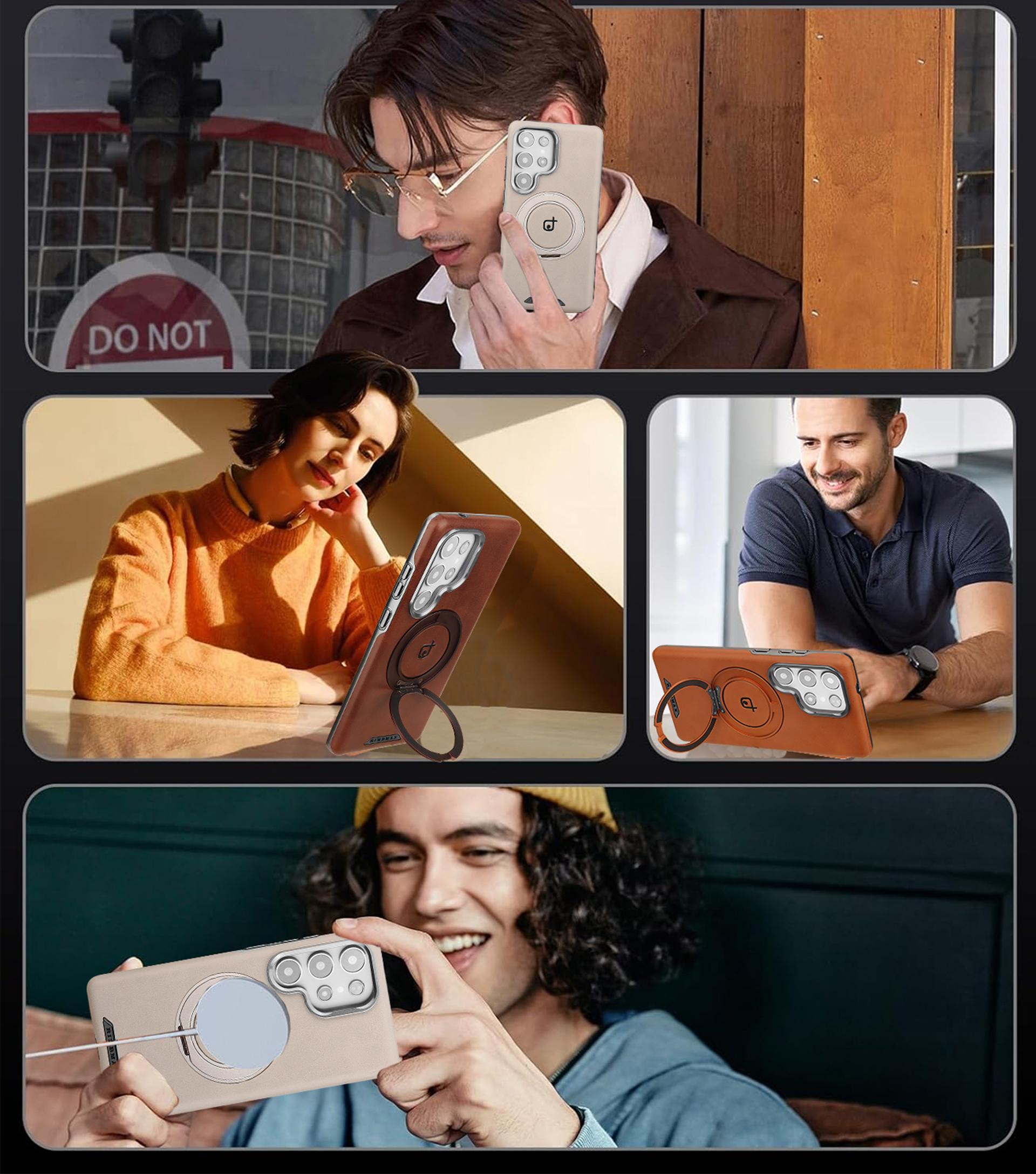 New High-end Leather Texture Magnetic 360° Rotating Stand Phone Case for Samsung Samsung S25Ultra/S24Plus/S23Ultra/S25/S24 Electroplated Plain Leather Full Shockproof Business Protective Cover for Men and Women