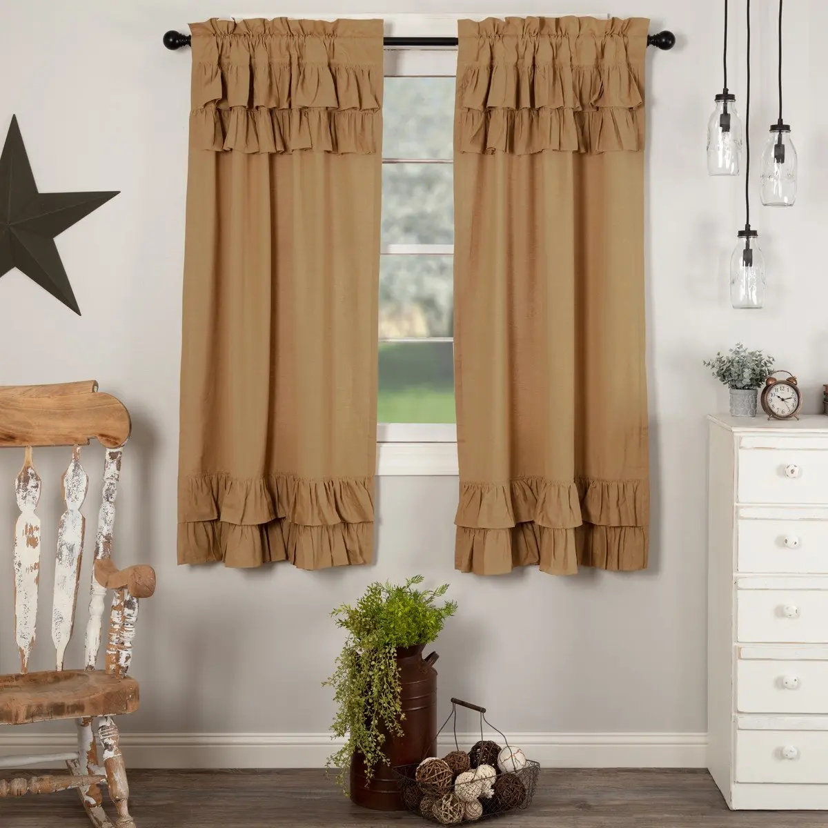 Simmington Khaki Ruffled Curtain Panels, Home Decoration Double-Layer 2-Layer Lined Short Curtains, Home Decoration Curtain