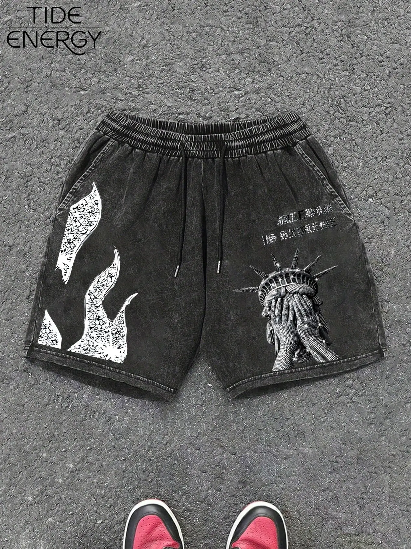 Men's Rhinestone Lady Liberty Graphic Print Washed Distressed Casual Shorts, American Style Shorts, Menswear, Loose Fit Casual Streetwear Style, Flame Crack Element, Summer Matching