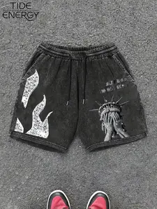 Men's Rhinestone Lady Liberty Print Washed Shorts, Loose Fit Street Style, Flame Crack Element, Summer Matching