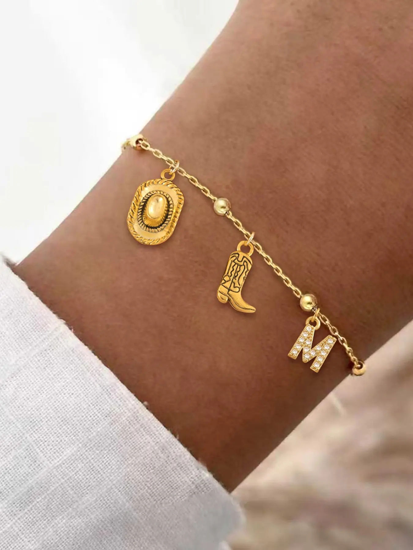 Western Cowboy Hat Boot Initial Pendant Bracelet, Classic Stainless Steel Bead Chain, Women's Casual Jewelry